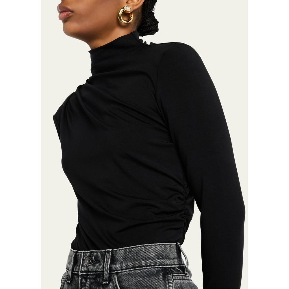 Veronica Beard Mylie Top Black Ruched Mock Neck Long Sleeve S J2411JY147S0702